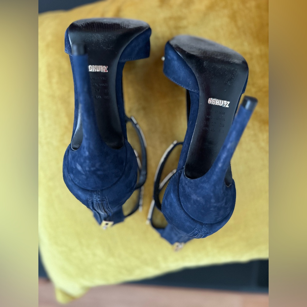 Schutz Sandalia Salto Alto Nobuck Sailfish heels navy/gold size 8 with box - Picture 4 of 16